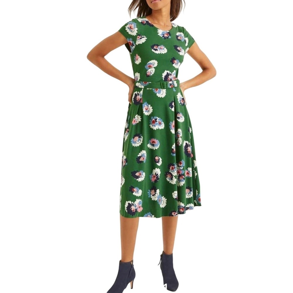 Boden Aida Ponte Dress Green Floral Belted Fit & Flare Midi J0468 US 6R‎ UK 10R